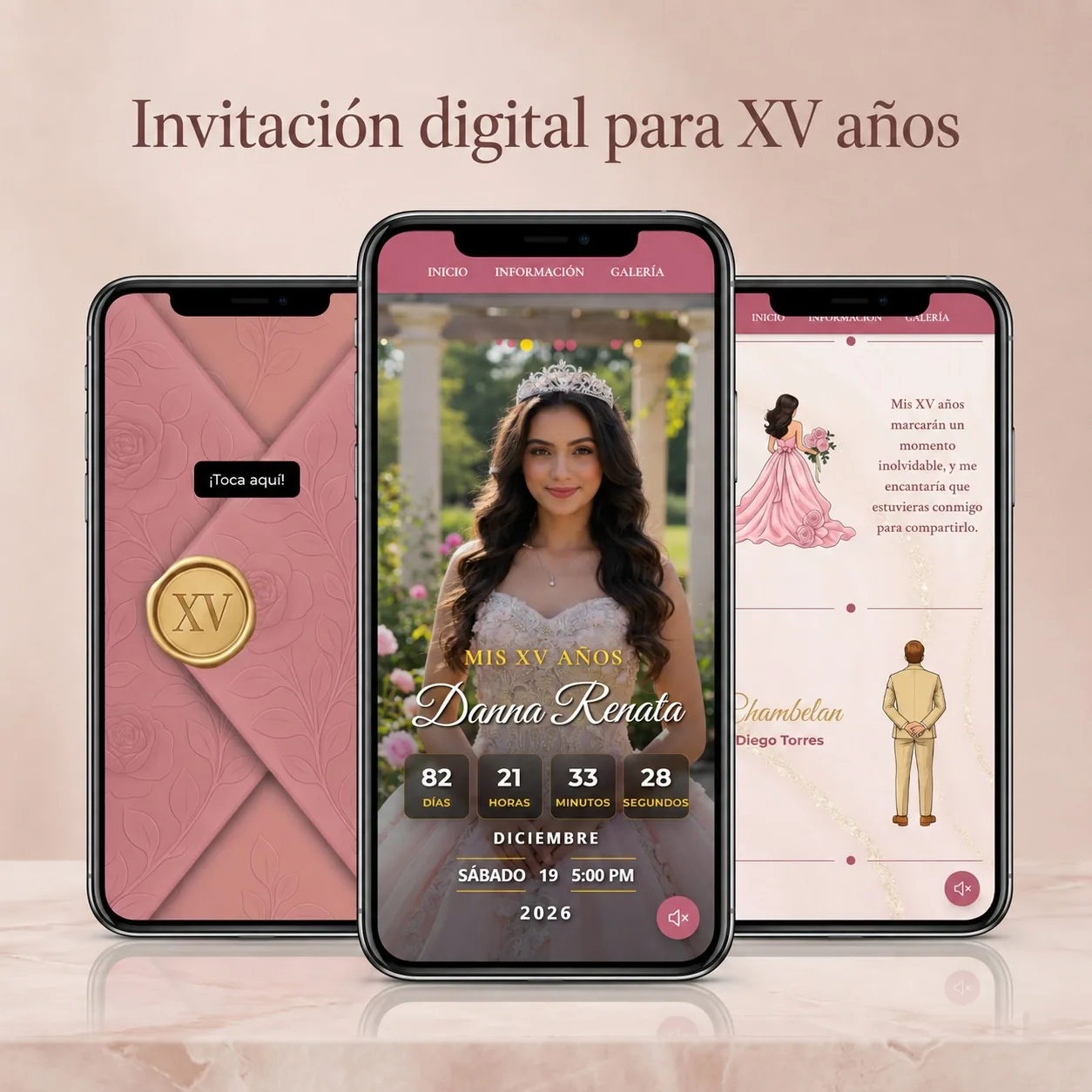 Invitación Digital para XV Años — Quinceañera, Sweet 15 y Sweet 16
